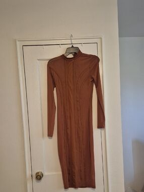 Long Sleeve Brown Bodycon Midi Dress